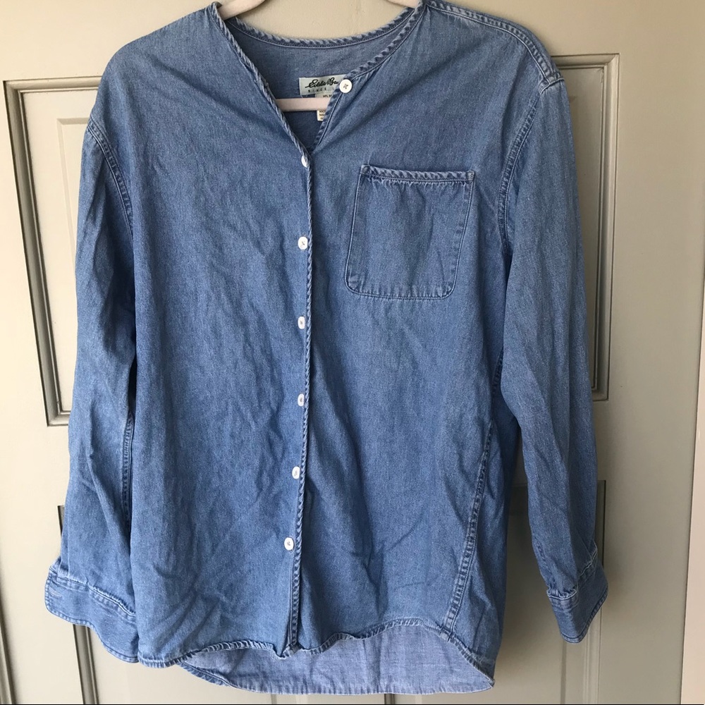 Denim button up shirt.